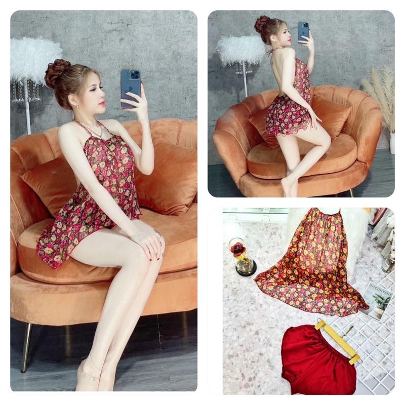 Đồ Bộ Ngủ Lụa 2 Dây Nữ, Bộ Ngủ Sexy Nữ áo voan tơ cổ yếm + quần satin, freesize 40_57kg, tuỳ chiều cao - 7