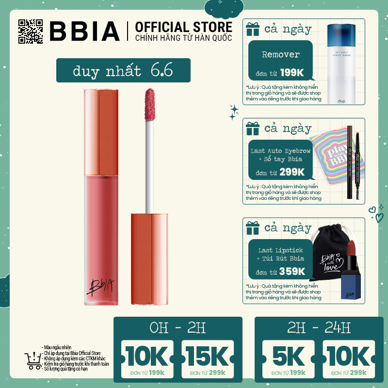 Son Kem Lì Bbia Last Velvet Lip Tint - 16 More Graceful 5g (Màu hồng đào sữa)