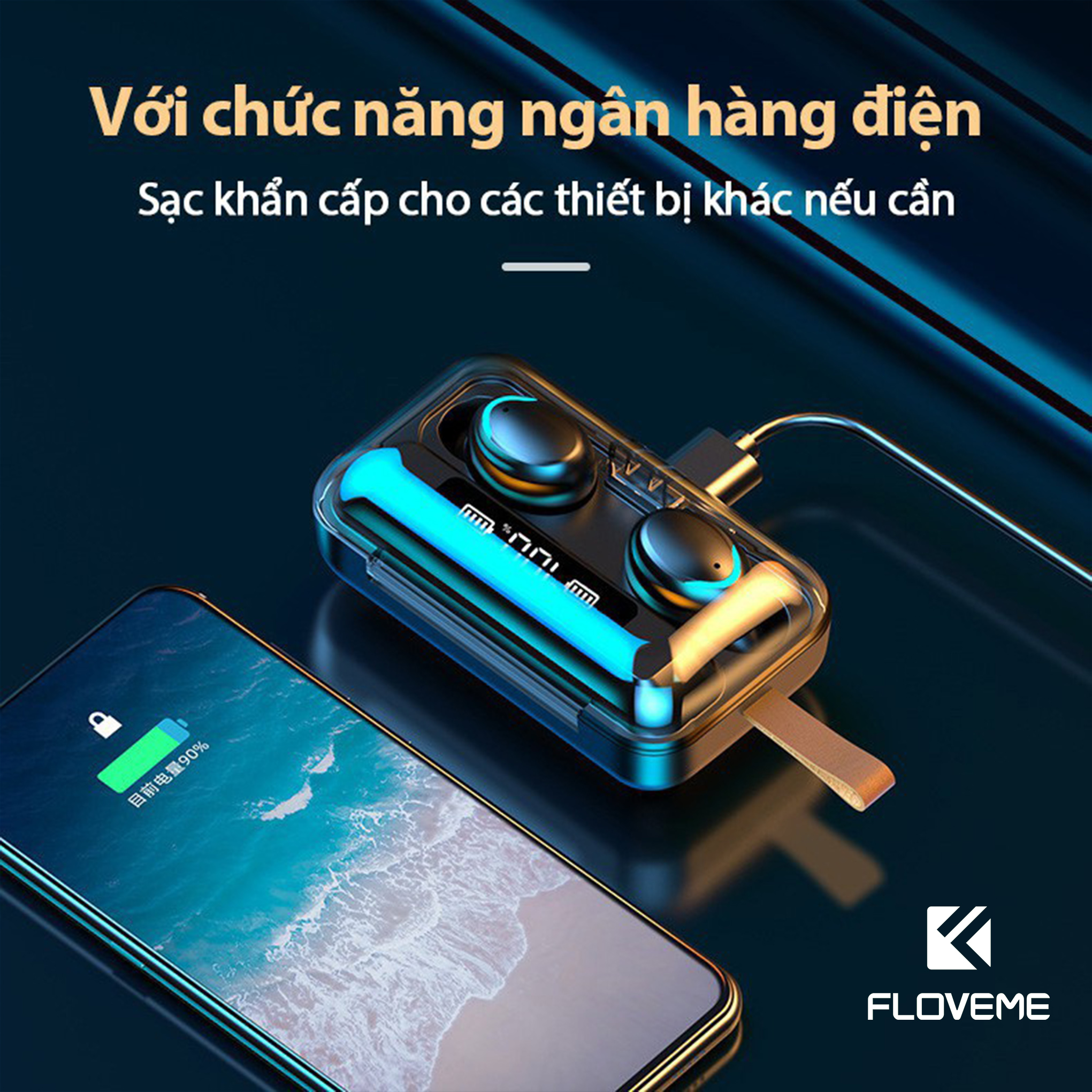 Tai Nghe Bluetooth 5.0 FLOVEME F9 Pro Không Dây True Wireless Nhét Tai Cảm Ứng Kiêm Sạc Pin Dự Phòng - Chống nước - Hàng chính hãng