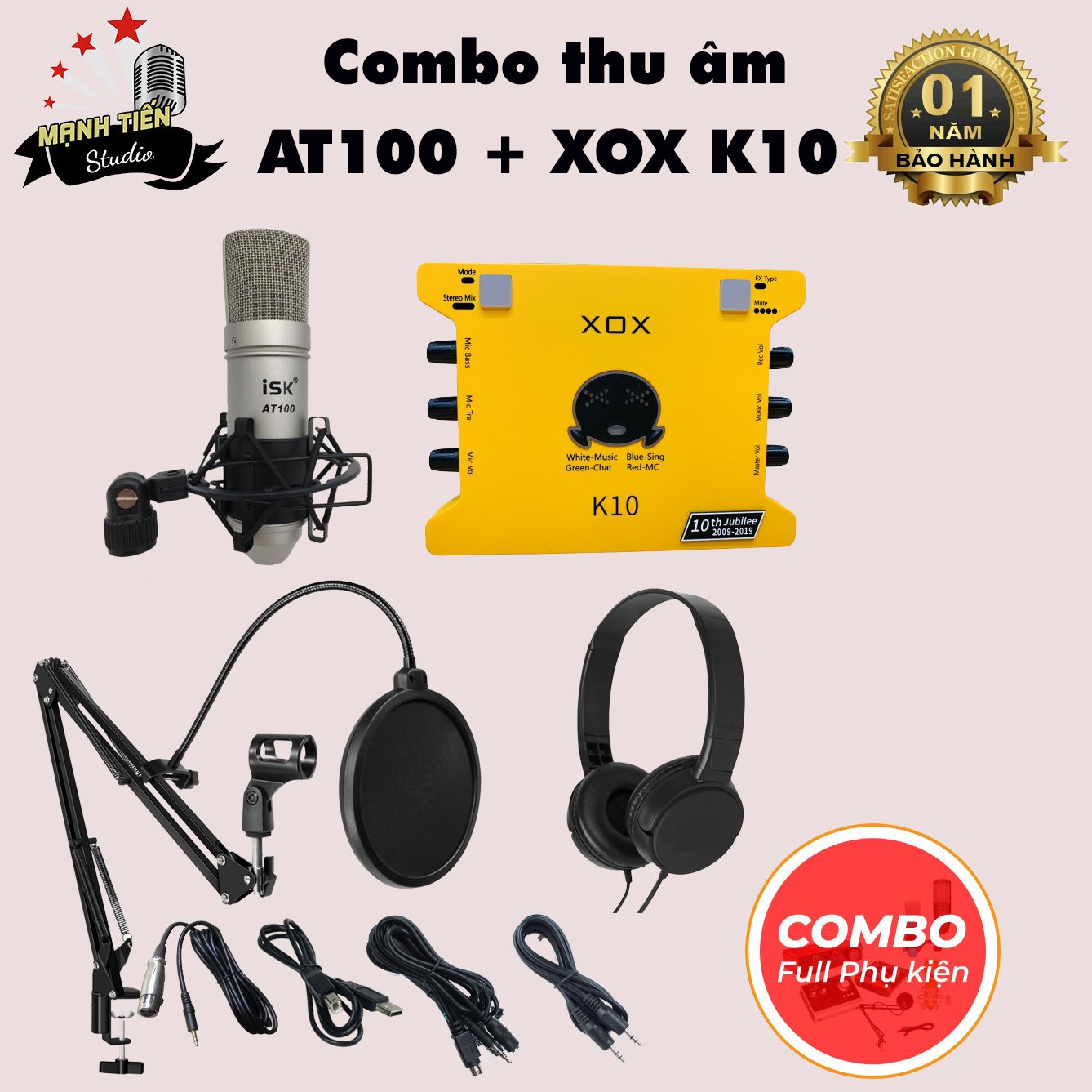 Bộ Combo livestream ISK AT100 + Sound card XOX K10 jubilee - Kèm full phụ kiện kẹp micro, màng lọc, tai nghe chụp tai - Thu âm, livestream, karaoke online chuyên nghiệp trên cả điện thoại lẫn máy tính - Hàng chính hãng