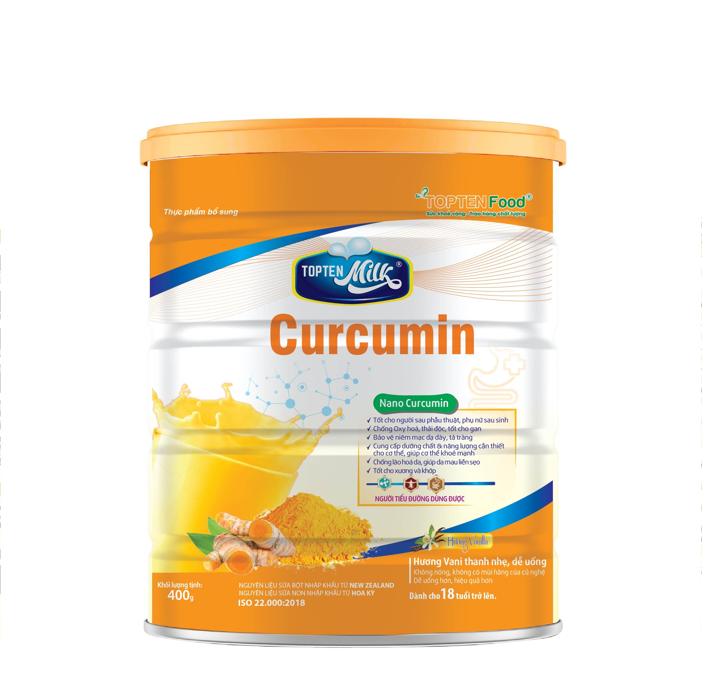 Sữa nghệ curcumin 800g TOPTEN Milk sữa bột cho người bị đau dạ dày tá tràng,phụ nữ sau sinh ,đẹp da