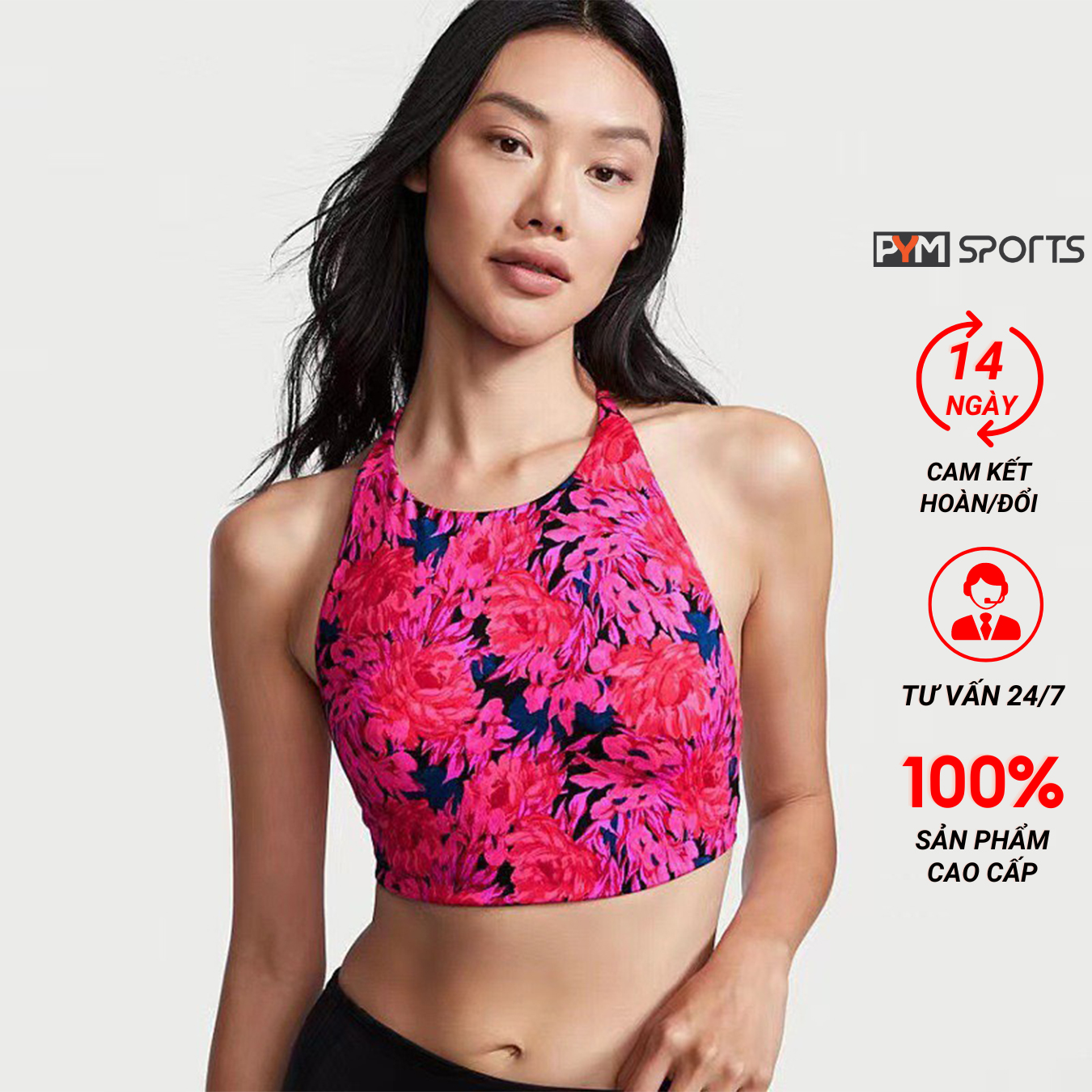 Áo Bra Crop dáng yếm hoa đỏ,  tập gym, tập yoga PYMSPORT - PYMBR059 năng động, cá tính, 3 size