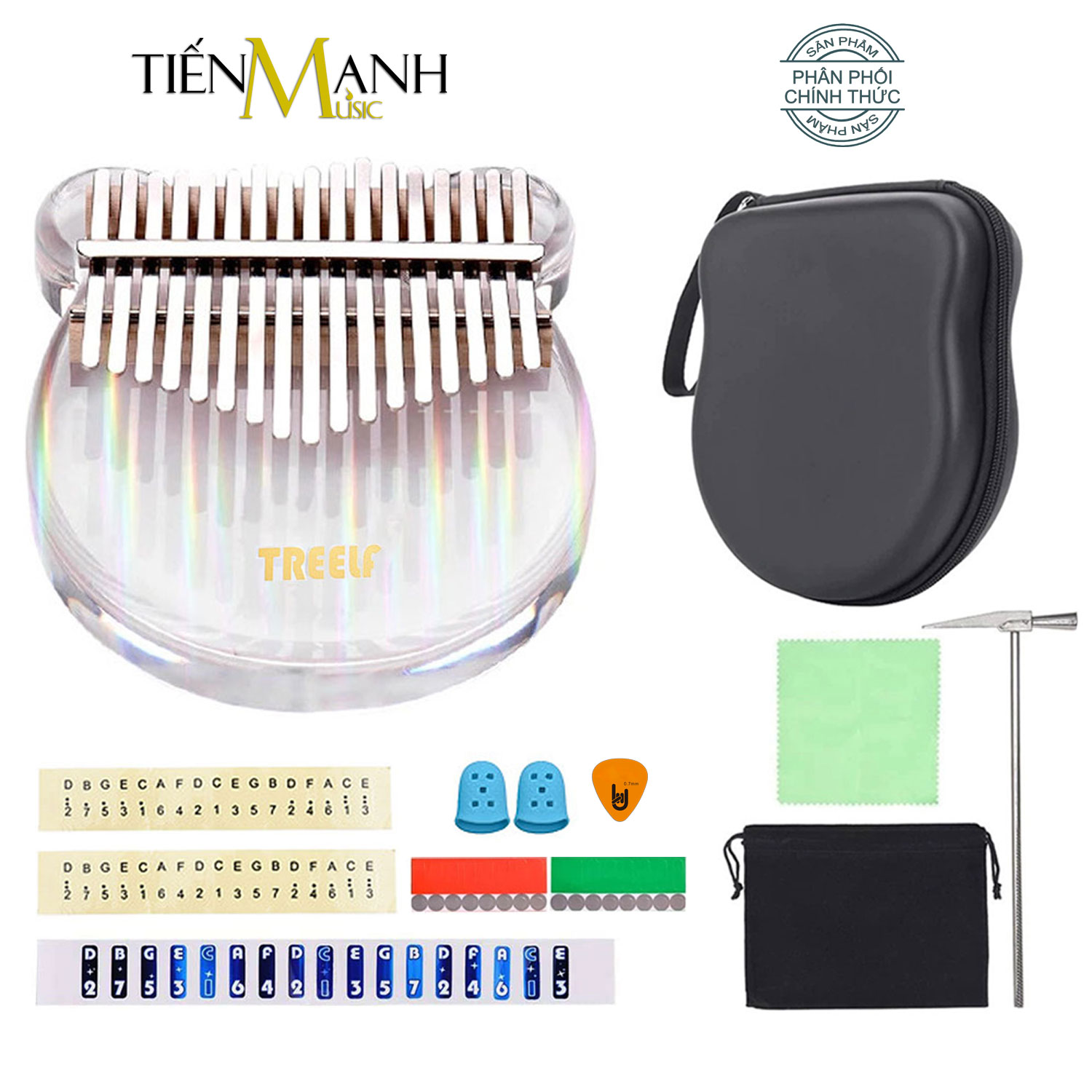 Đàn Kalimba Trong Suốt Treelf TF-17CRB Hình Gấu Màu Cầu Vồng Rainbow - 17 Phím Acrylic TF17CRB (Hộp cứng chống sốc, Búa chỉnh âm, Sticker dán note, Khăn lau, Sách học) - Kèm Móng Gẩy DreamMaker