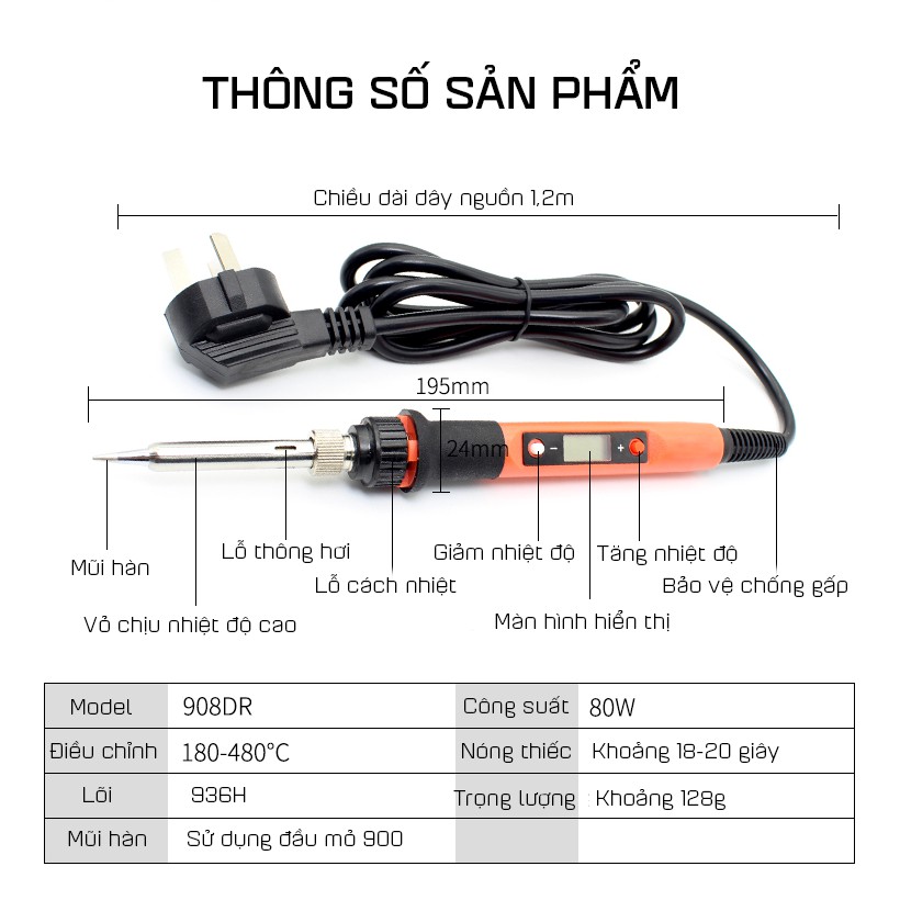 Mỏ Hàn Điều Chỉnh Nhiệt Độ 908DR 80W