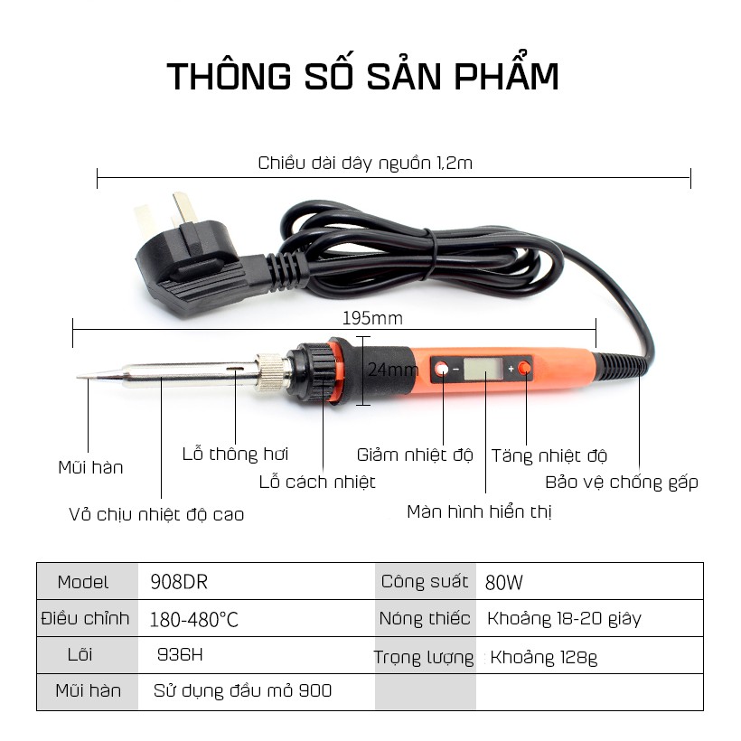 Mỏ Hàn Điều Chỉnh Nhiệt Độ 908DR 80W (Giao màu ngẫu nhiên)