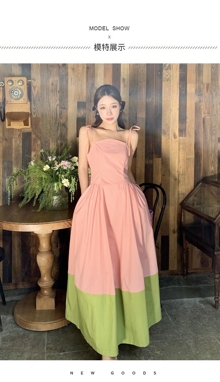 SHUANGYAN Hàng tốt giới thiệu~Mùa hè quần chúng nhỏ ghép màu hồng xanh lá cây va chạm dây đai váy nữ thiết kế ngọt ngào phong lộ gầy váy dài