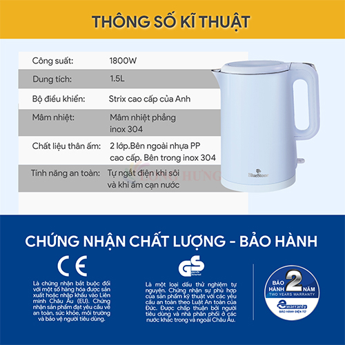 Bình đun siêu tốc Bluestone 1.5 lít KTB-3457 - Hàng chính hãng