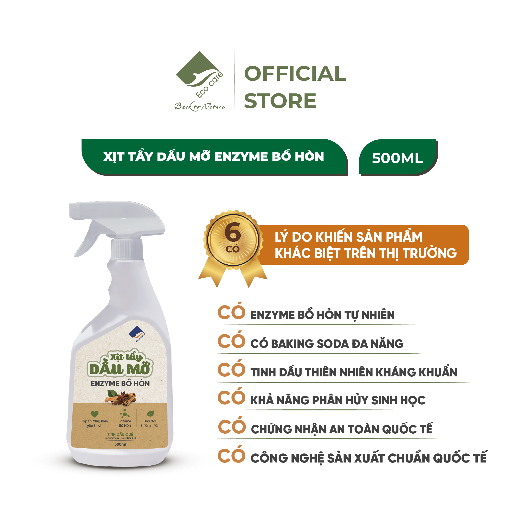 Xịt tẩy dầu mỡ Enzyme bồ hòn ECOCARE 500ml tinh dầu Quế/Cam Sả kháng khuẩn, làm sạch thiết bị nhà bếp