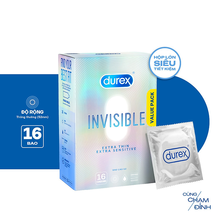 Bao Cao Su Durex Invisible Siêu Mỏng, Size 52 mm, Hộp 16 Bao Mới Ra Mắt - Hộp Lớn Siêu Tiết Kiệm