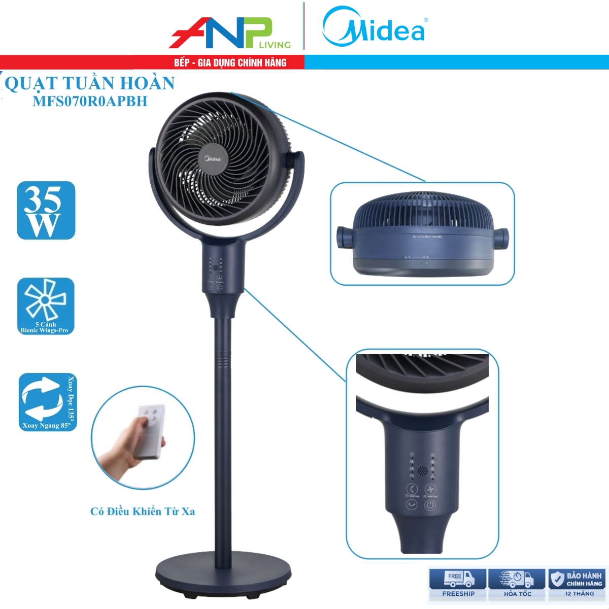 Quạt Tuần Hoàn Không Khí Midea MFS070R0APBH (Quạt Cây, Hàng Chính Hãng, Có Điều Khiển Từ Xa &amp; Ngăn Chứa Tinh Dầu, Công Suất 35W)
