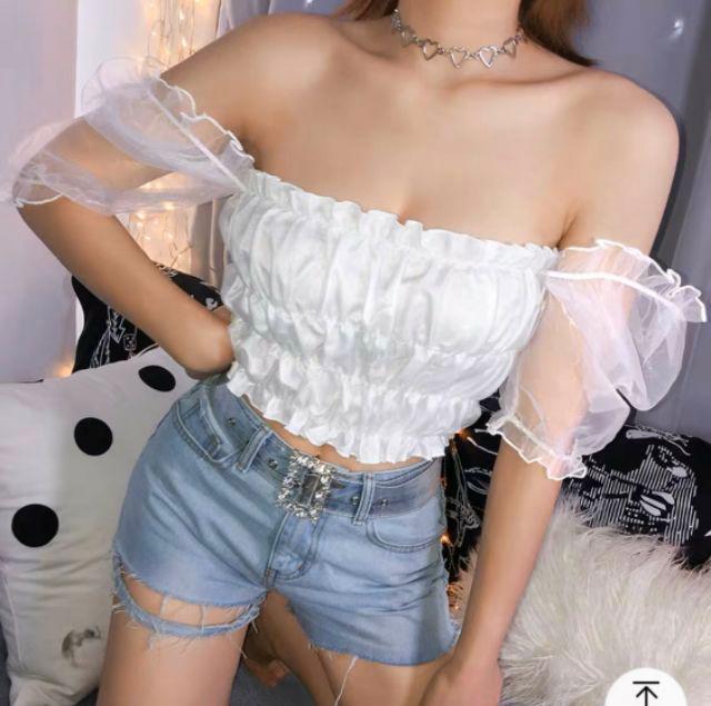 Áo nhún croptop bồng tay lưới kiếng