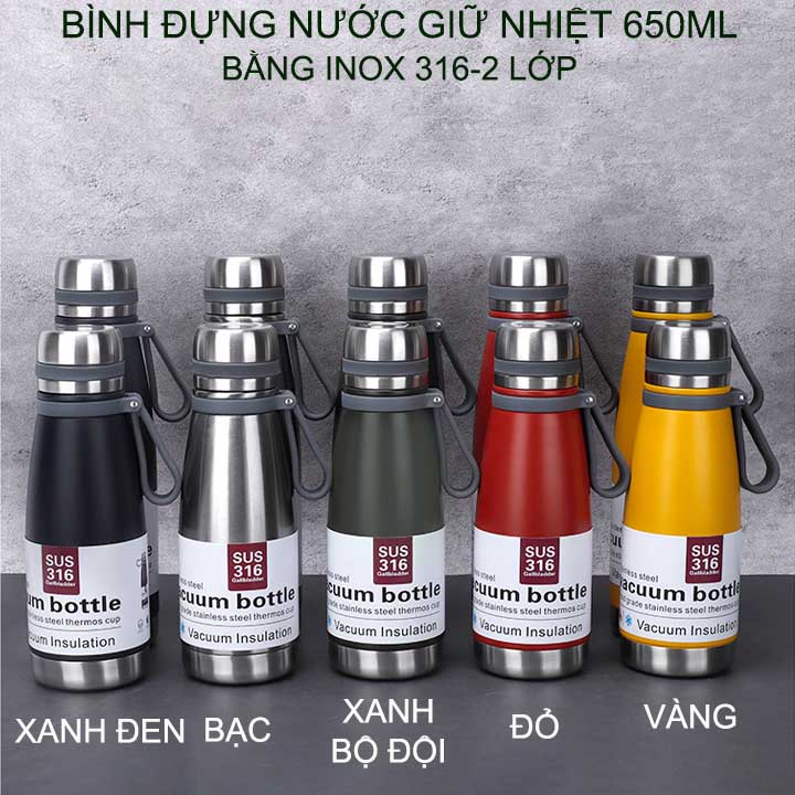 Bình giữ nhiệt 2 lớp bằng inox 316, dung tích 650ml, có nhiều màu cho khách lựa chọn