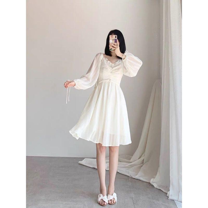 Váy babydoll, váy đi biển trắng tiểu thư, bánh bèo dáng dài tay bồng, đầm dự tiệc, đi chơi siêu xinh dáng xòe, VAY005