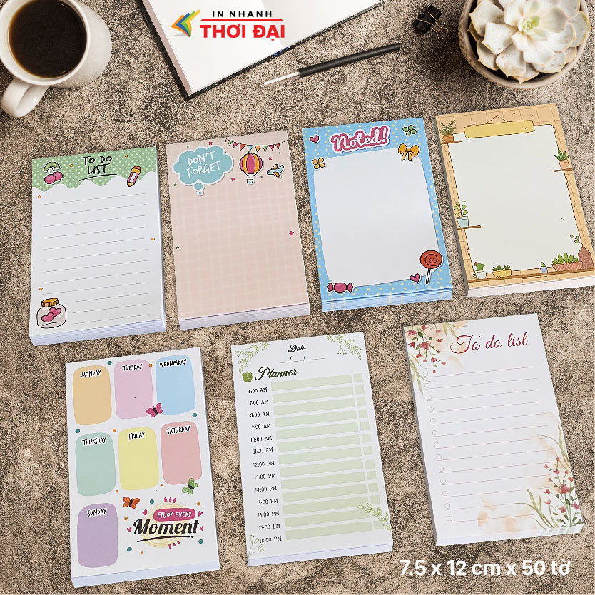 Giấy note ghi chú họa tiết cute 7.5 x 12cm x 50 tờ, không keo dán