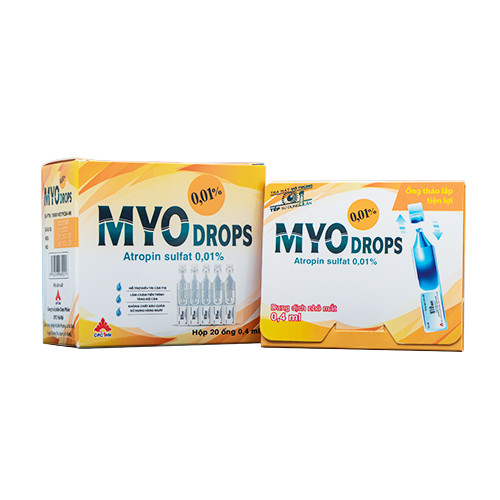 Tép tra mắt vô trùng hỗ trợ làm chậm tiến trình tăng độ cận MYOdrops chứa Atropin sulfat 0.01%  (Hộp 20 ống x 0.4 ml)