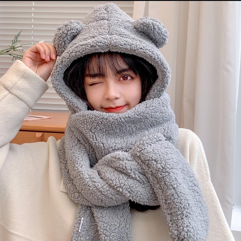 Mũ len lông cừu kèm khăn quàng cổ và găng tay ấm áp siêu chống rét chống lạnh mùa đông; K11 - BONMIE