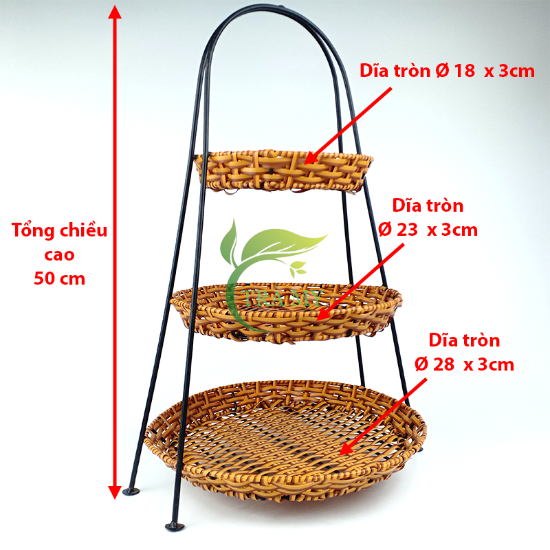 Kệ dĩa tròn 3 tầng mây nhựa đan đựng bánh kẹo dụng cụ thẩm mỹ spa decor trang trí tiệm và gia đình