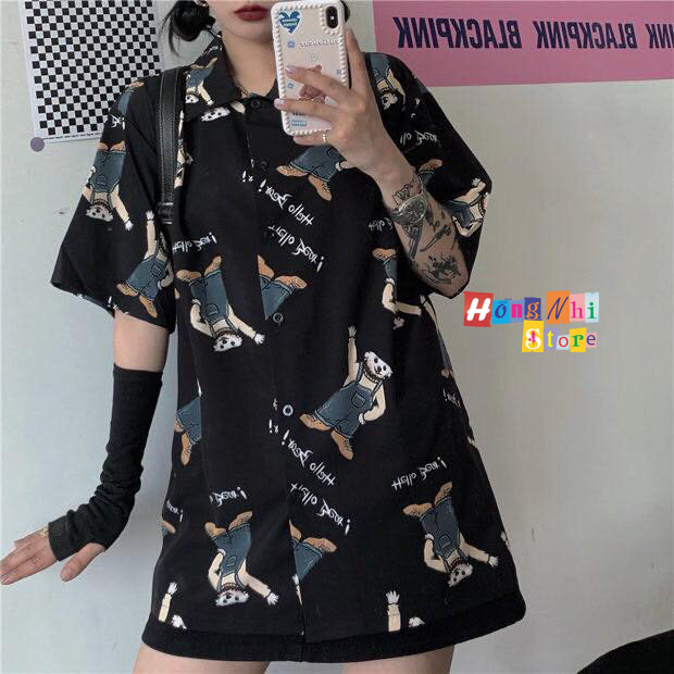 Áo Sơ Mi Hoạ Tiết Tay Lỡ Dáng Rộng, Sơ Mi Hoạt Hình Tay Lửng Unisex - MM