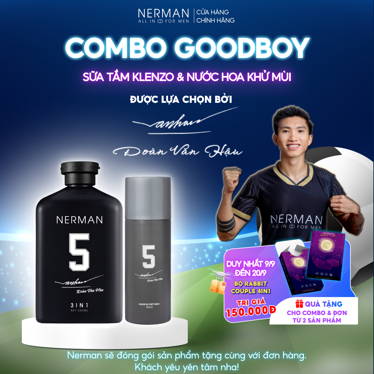 Combo Badboy Nerman - Sữa tắm gội 3in1 hương nước hoa cao cấp 350ml &amp; Gel vệ sinh nam 100ml &amp; Nước hoa khử mùi 100ml