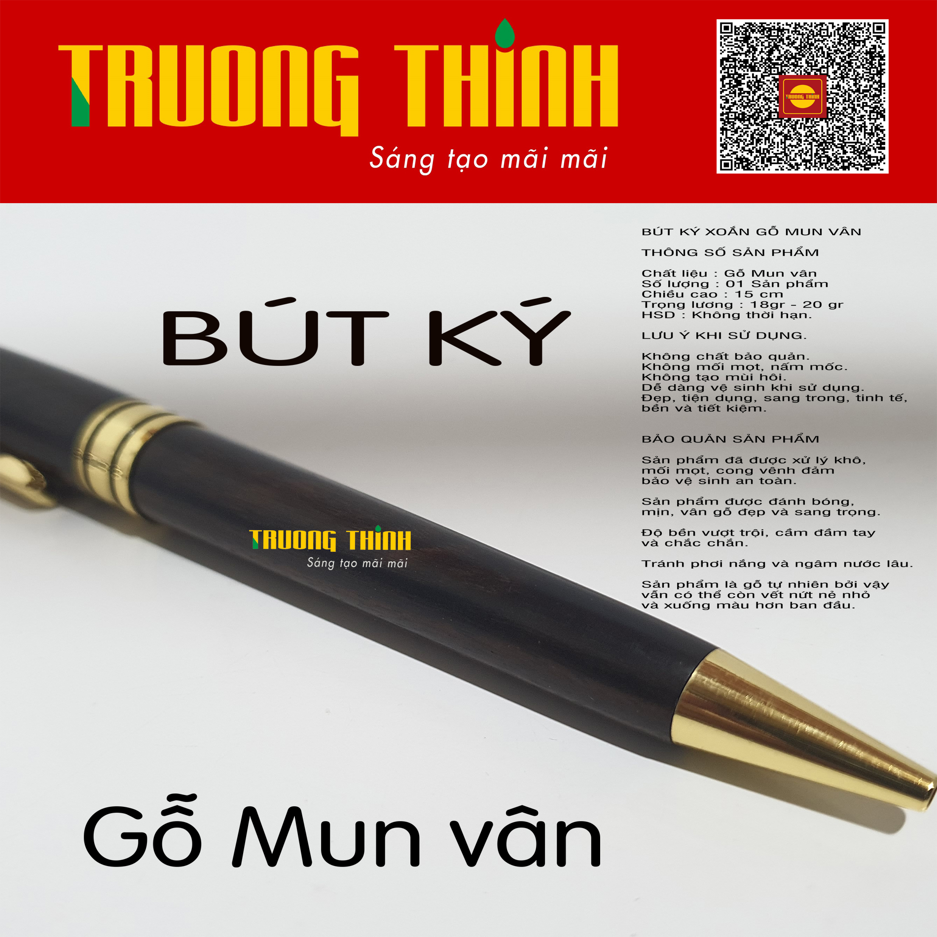 Bút Ký Gỗ Mun Vân Cao Cấp Sang Trọng Bền Đẹp Chính Hãng Trường Thịnh Đẳng Cấp Doanh Nhân. Loại Xoắn 15 cm