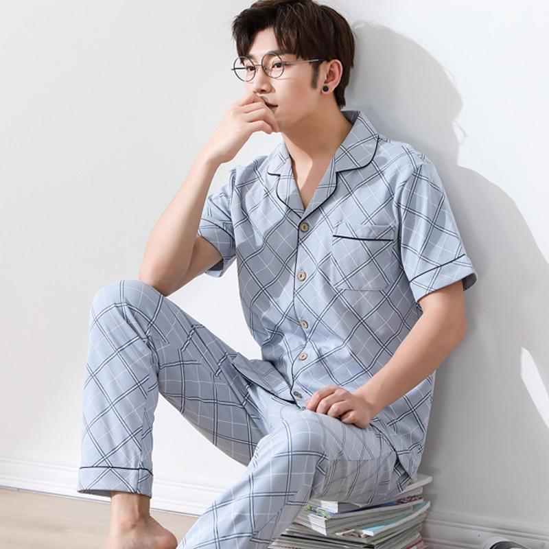 Đồ bộ nam Pijama cộc tay màu sắc sáng da, họa tiết kẻ sọc nam tính, Bộ Pyjama Quảng Châu xịn xò