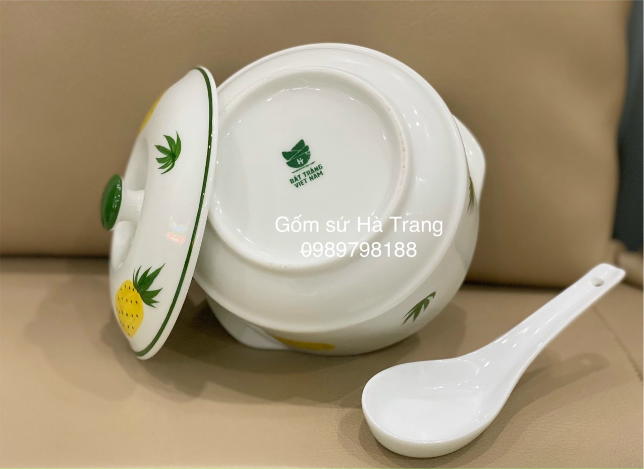 Bộ thố chưng yến gốm sứ Bát Tràng cao cấp men trắng vẽ dứa dung tích 600ml có thìa như hình