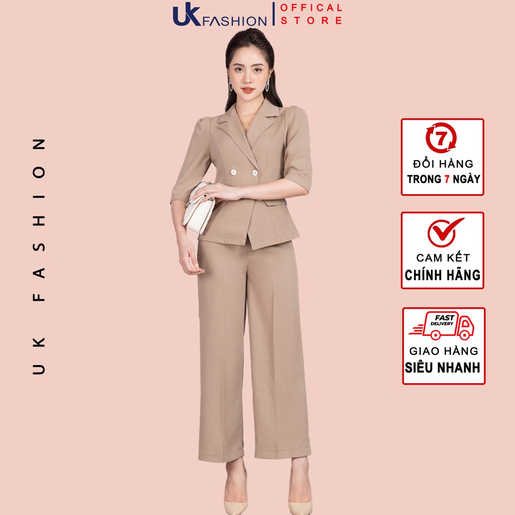 Set Công Sở UK Fashion Áo Cổ Vest Tay Lỡ Kèm Quần Ống Suông Lưng Cao Thanh Lịch, Chất Vải Nhập Hàn Đứng Phom NKBD2203001