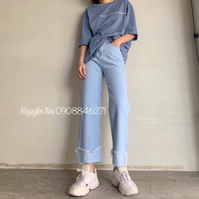 Quần jeans ống rộng gấp lai 2 màu đậm- nhạt