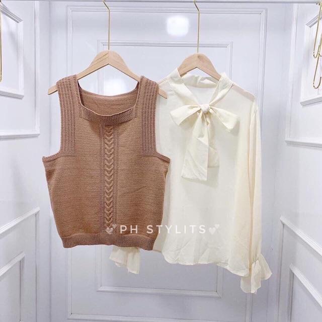 Set áo len sơ mi cổ nơ