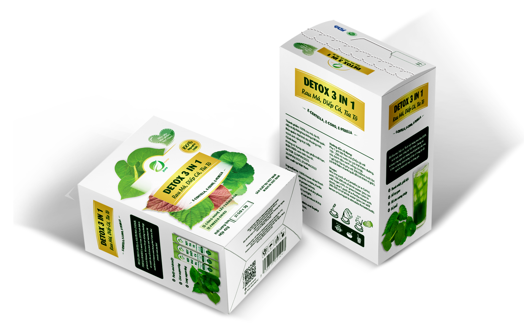 Bột Detox 3in1 Rau má Diếp cá Tía tô Eherbal sấy thăng hoa (21 gói)