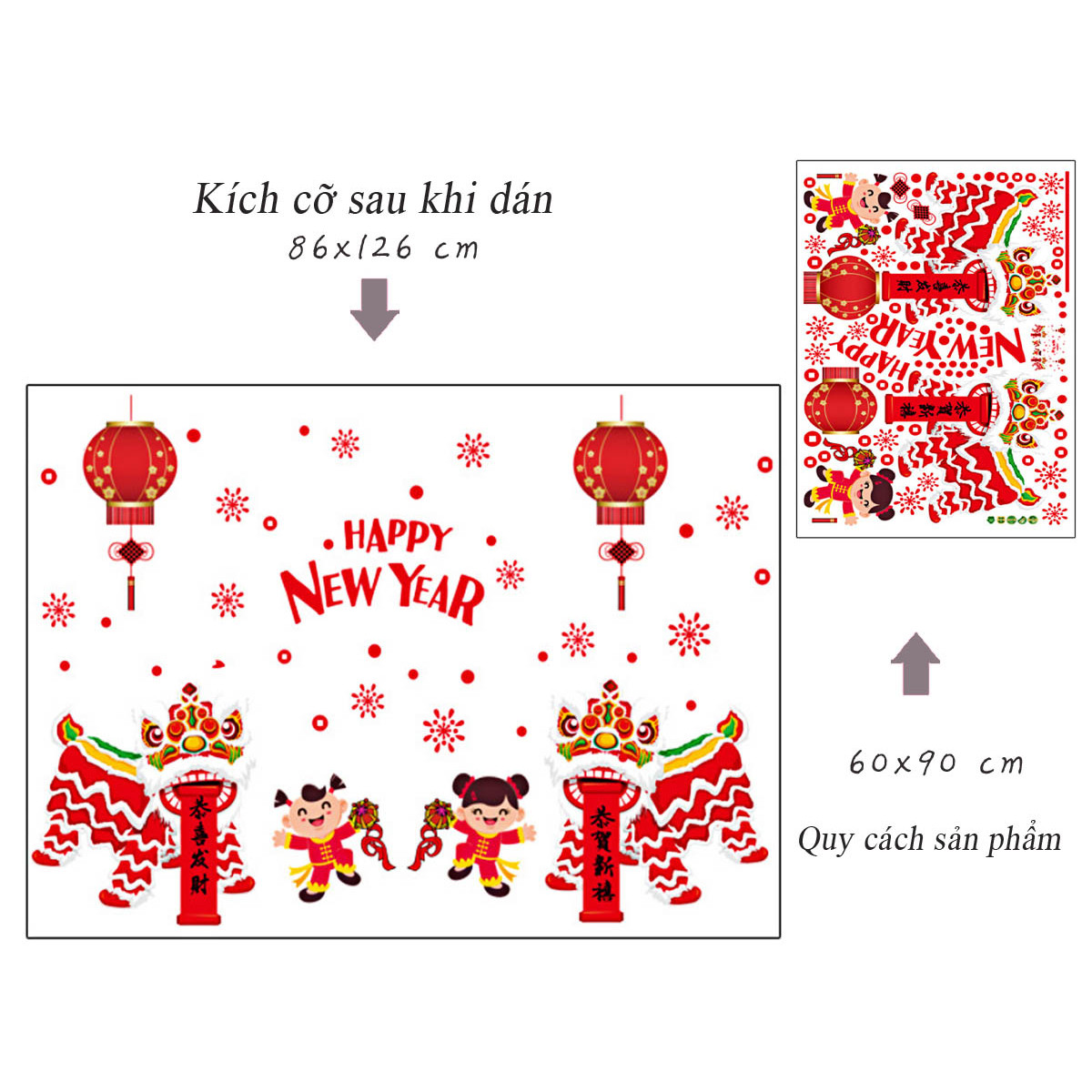 Decal trang trí tết-hai bé múa lân