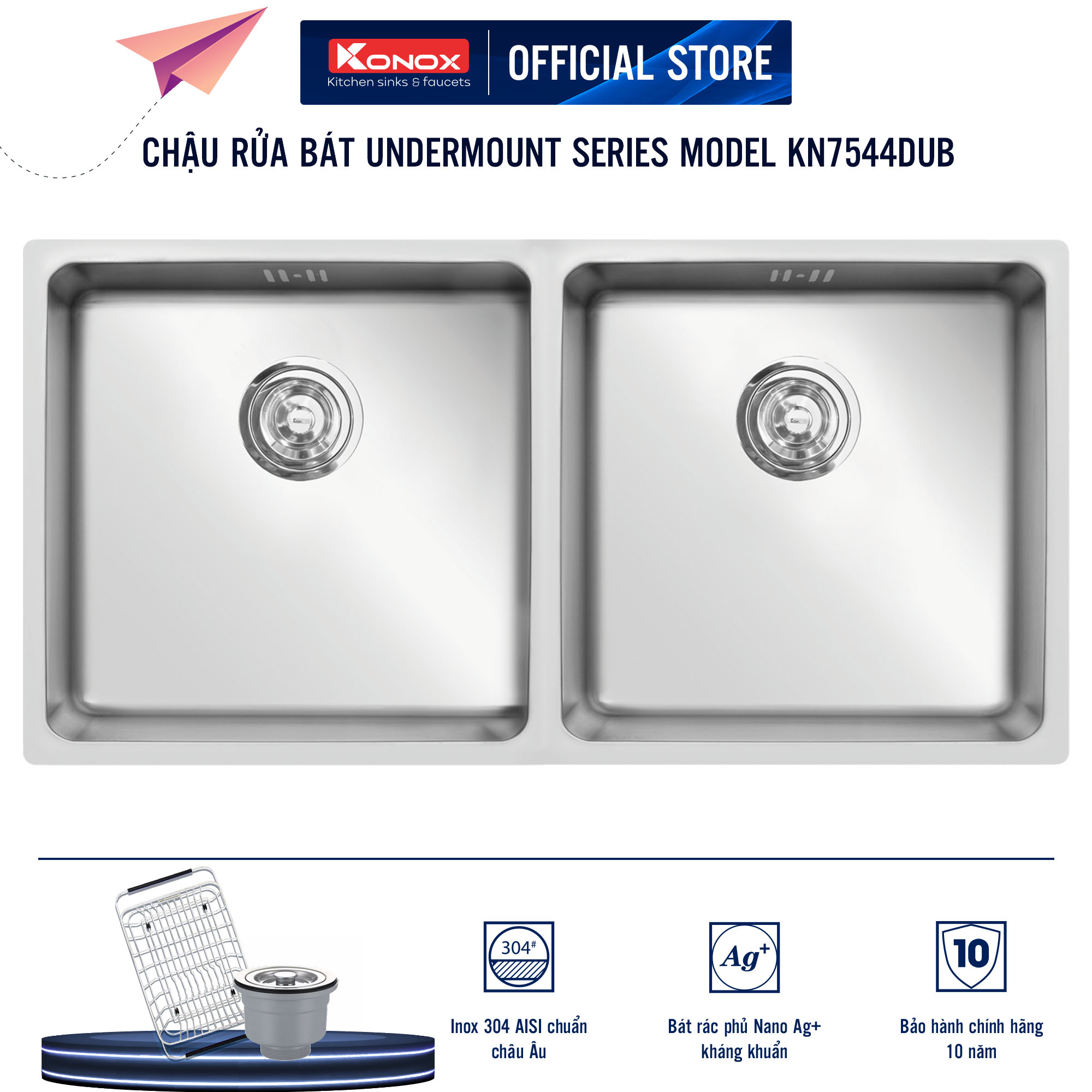 Chậu rửa bát Konox, Undermount Series, Model KN7544DUB, Inox 304AISI tiêu chuẩn châu Âu, 750x440x220(mm), Hàng chính hãng