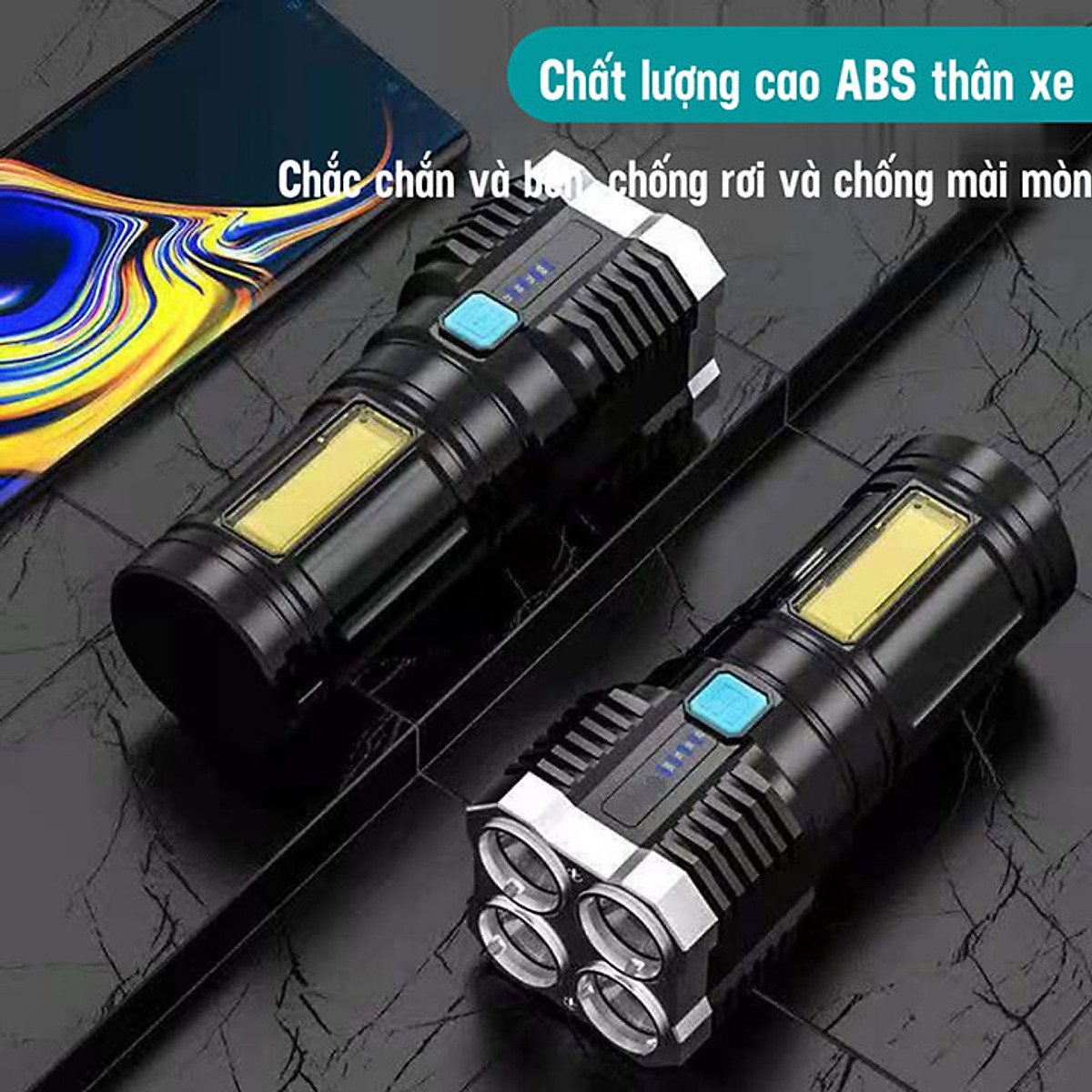 Đèn Pin Cầm Tay 4 Led Sạc USB Chống Thấm Nước Tiện Dụng Có COB Đèn LED Cạnh - Hàng Chính Hãng