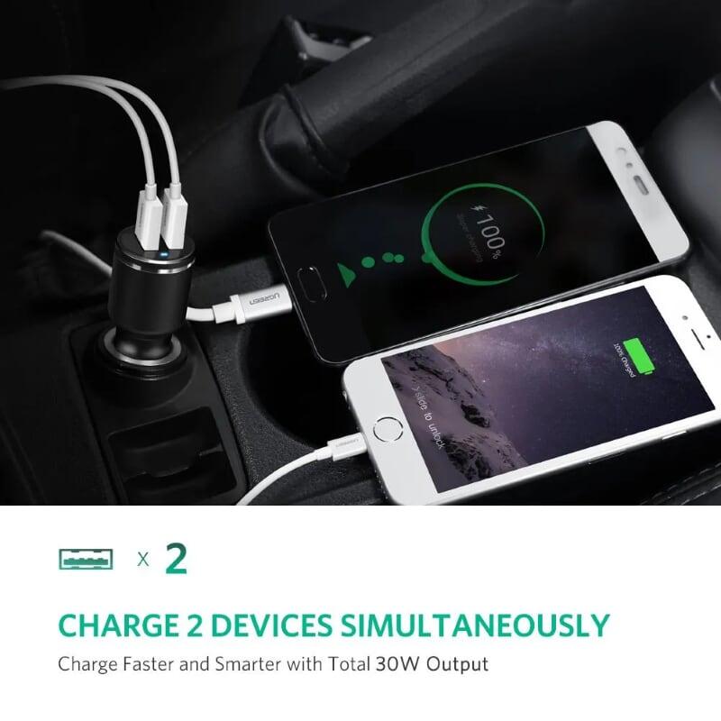 Ugreen UG50421CD130TK QC3 30W 5.4A màu đen sạc xe hơi hỗ trợ usb quick charge 3.0 3A và iSmart 2.4A - HÀNG CHÍNH HÃNG