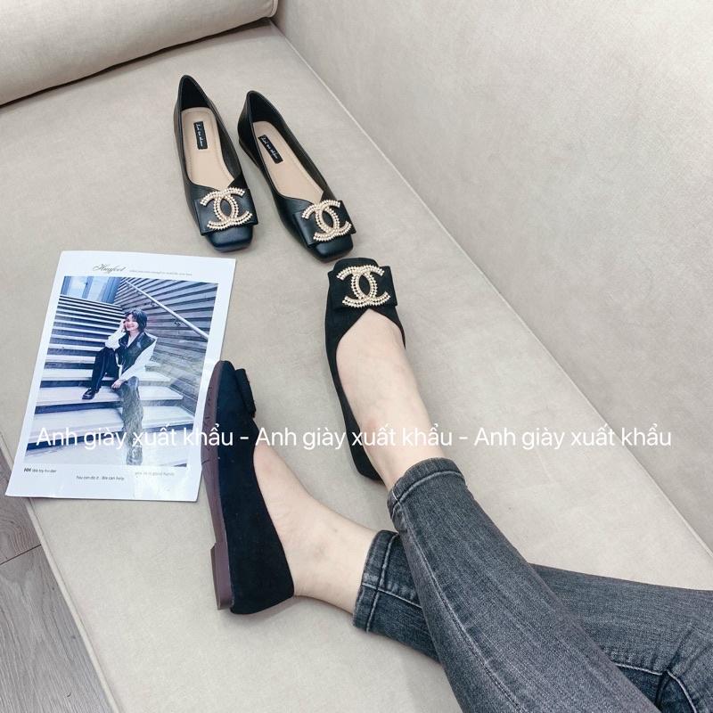 GB47 - Giày bệt mũi vuông da lì nơ đá chữ X đế mềm, dẻo