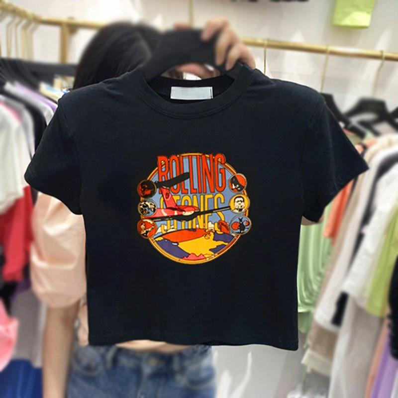 Áo Croptop Tay Ngắn Cổ Tròn In Họa Tiết Thời Trang Phong Cách Hàn Quốc