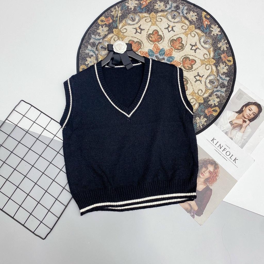 Áo gile len trơn viền phối nhiều kiểu vintage