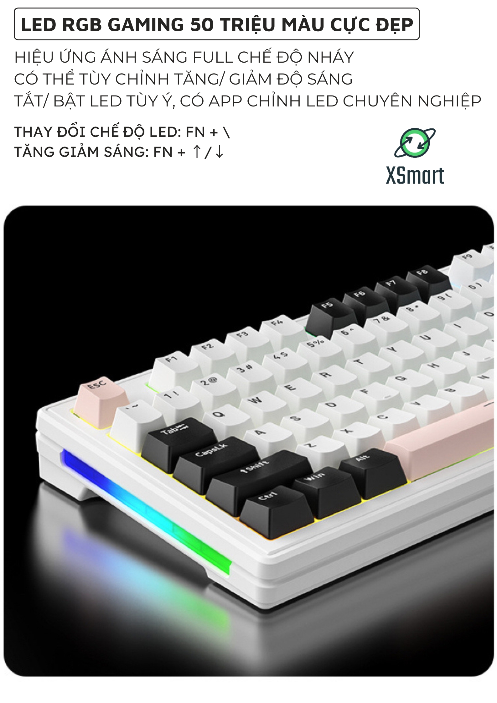 Bàn Phím Cơ Gaming Không Dây Bluetooth XM87 LED RGB Pro Keycap Xịn, White Switch, Hotswap, 3 Mode-Hàng Chính Hãng