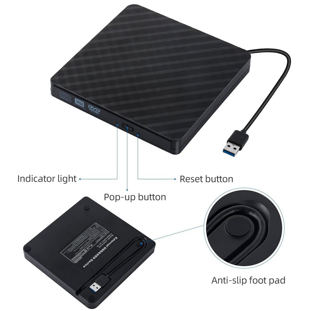 USB3.0 External Optical Drive DVD Burner Recorder CD Player Support One-key Recording Wide Application Black