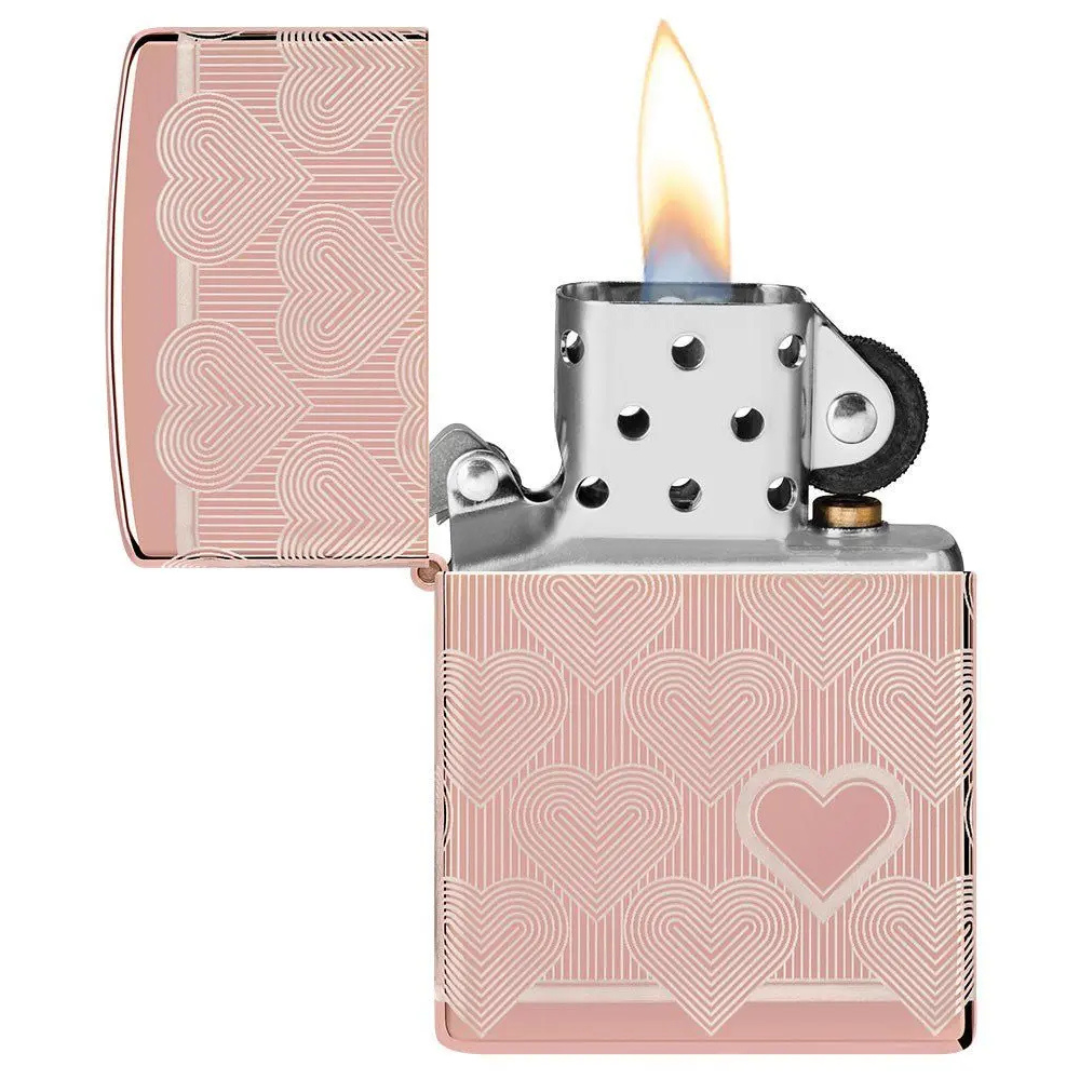 Bật Lửa Zippo Heart Design High Polish Rose Gold - Vỏ Mạ Vàng Hồng Khắc Laser 360 Độ Hình Trái Tim