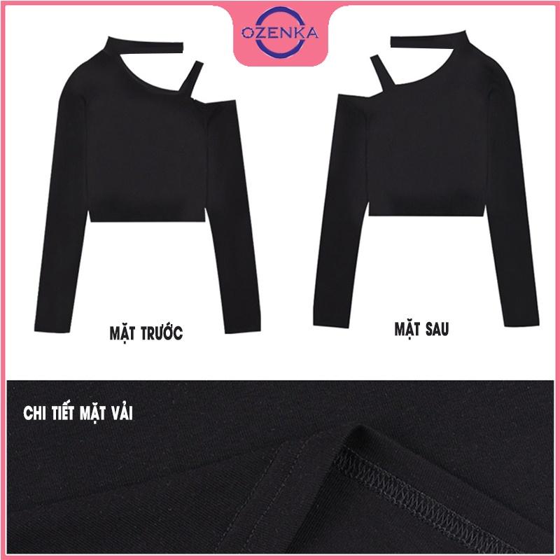 Áo croptop trễ vai tay dài ôm nữ OZENKA, crt đẹp sang chảnh thời trang màu đen trắng thun gân 100% cotton dưới 50kg