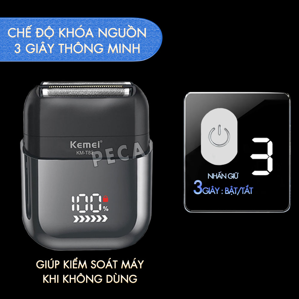Máy cạo râu mini lưỡi kép Kemei KM-T82 màn hình LCD, công suất 5w mạnh mẽ cảm biến râu thông minh - Hàng chính hãng