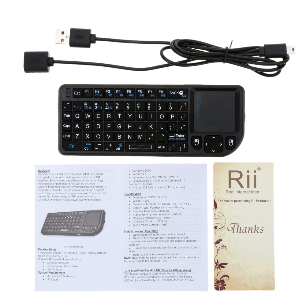 Bàn Phím Không Dây Rii Mini X1 Handheld 2.4g Cho PC Máy Tính Xách Tay TV Thông Minh, Màu Đen