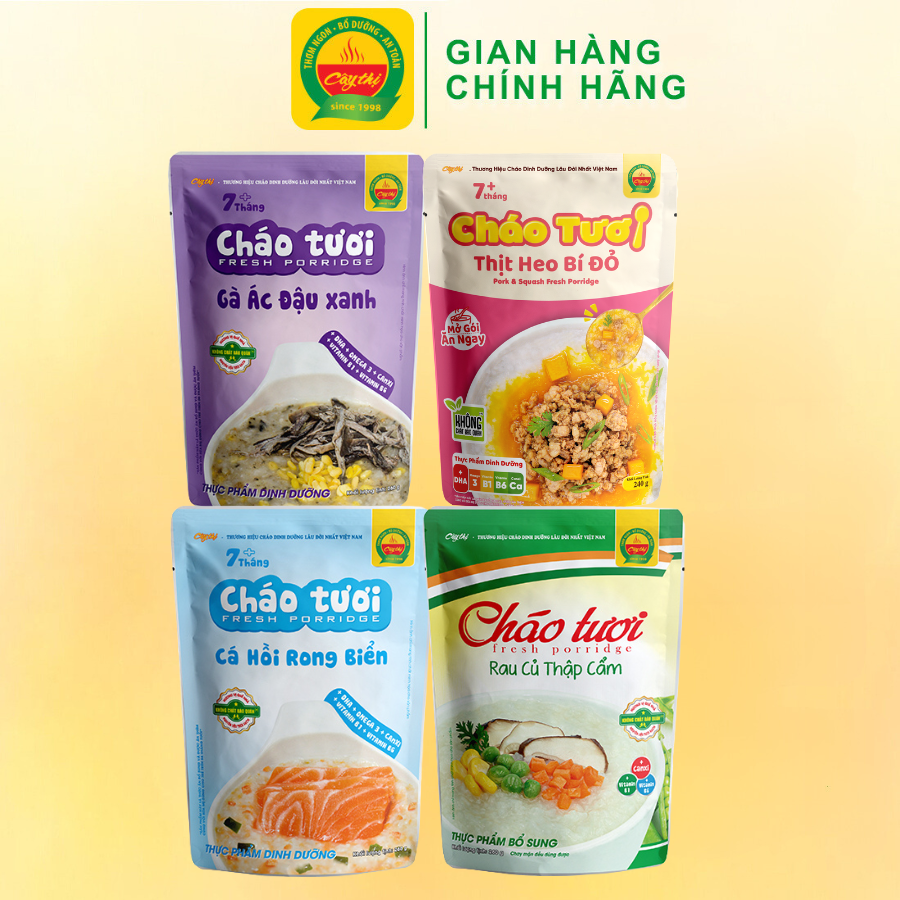 Combo 4 Gói Cháo Tươi Cây Thị Vị: Gà Ác Đậu Xanh, Cá Hồi, Rau Củ Thập Cẩm, Thịt Heo