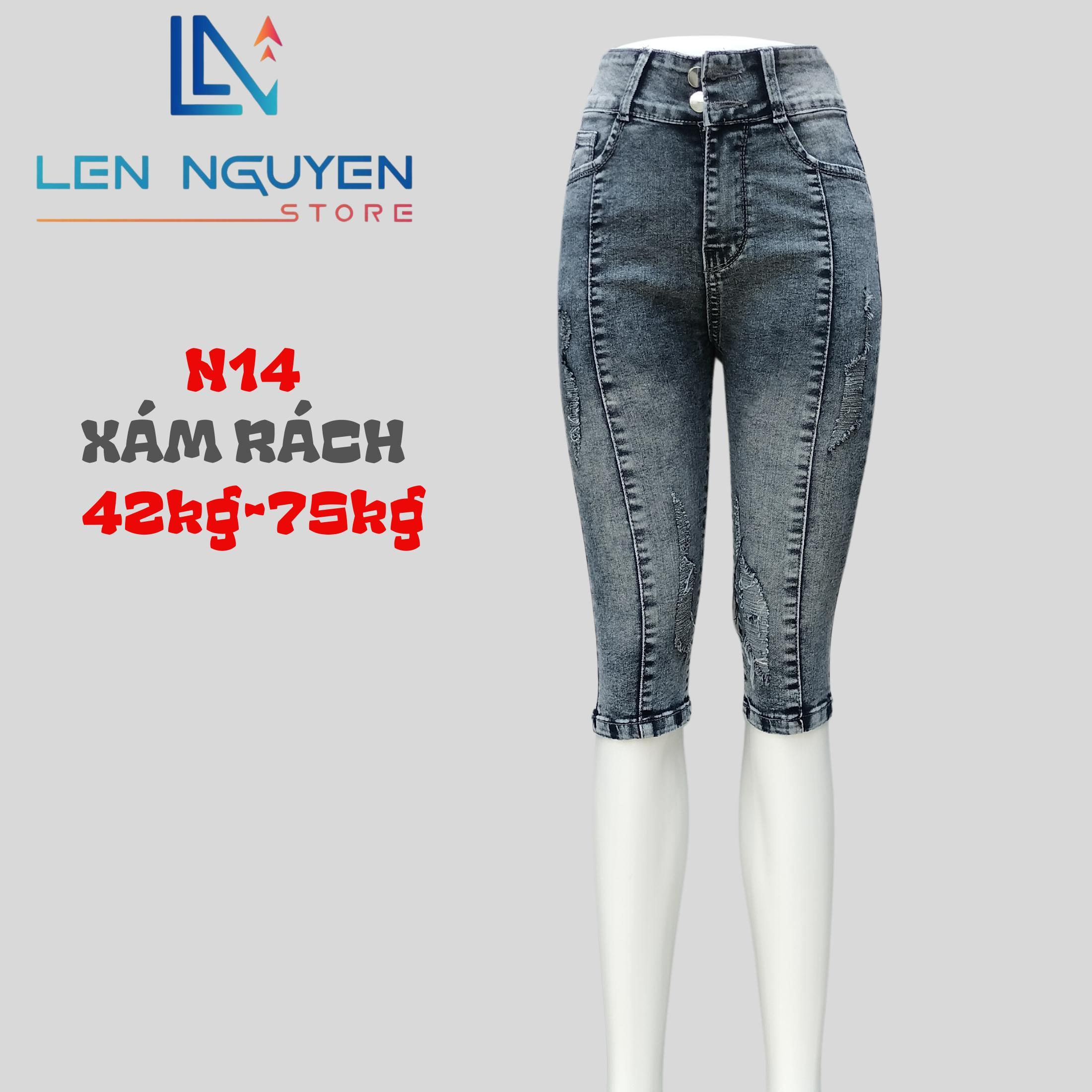 N14_Quần jean nữ, ngố 7 tất, lưng cao, quần bò nữ dáng ôm, quần rin nữ có big size, cho 42kg đến 75k - Xám Rách