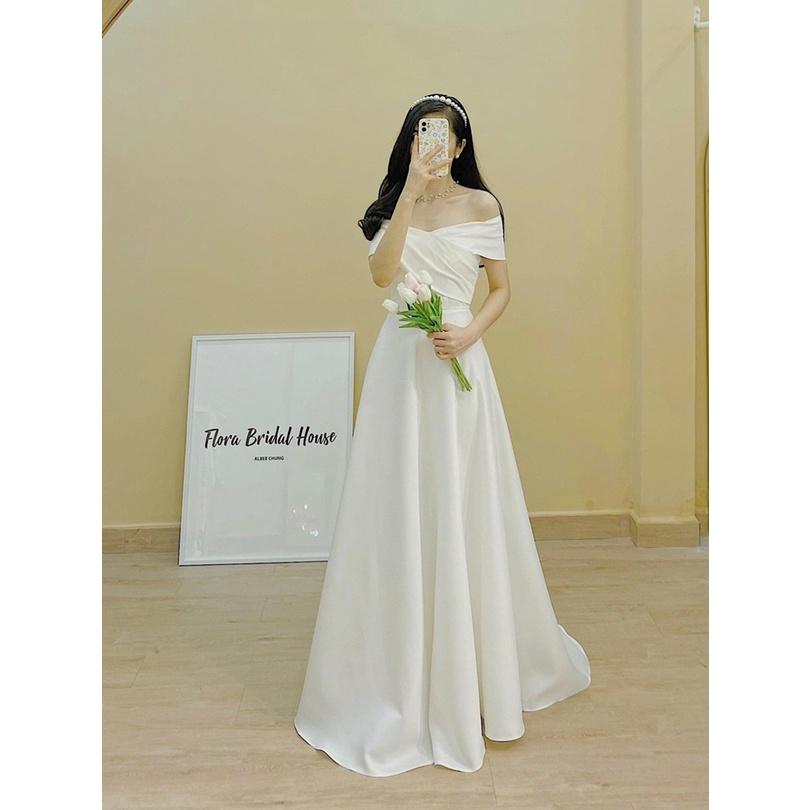 Ảnh thật Đầm váy maxi mặc cưới phi nhật dày dặn đuôi dài trắng đỏ cúp ngực trễ vai đi biển dự tiệc dạo phố bigsize