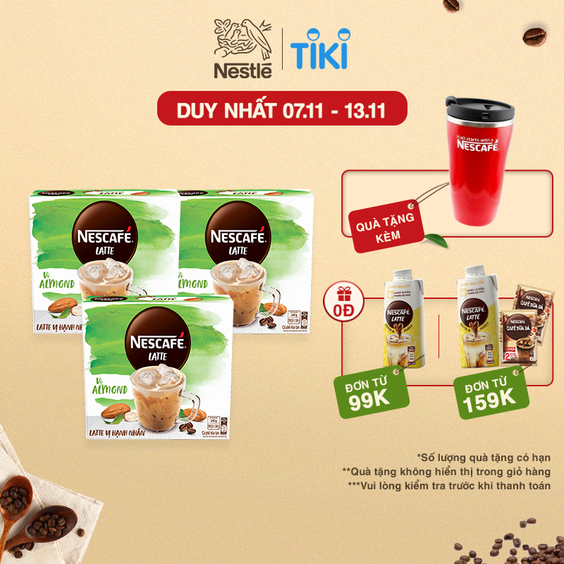 [Tặng ly 2 lớp tiện lợi] Combo 3 hộp cà phê hòa tan Nescafé Latte sữa hạt vị hạnh nhân (Hộp 10 gói x 24g)