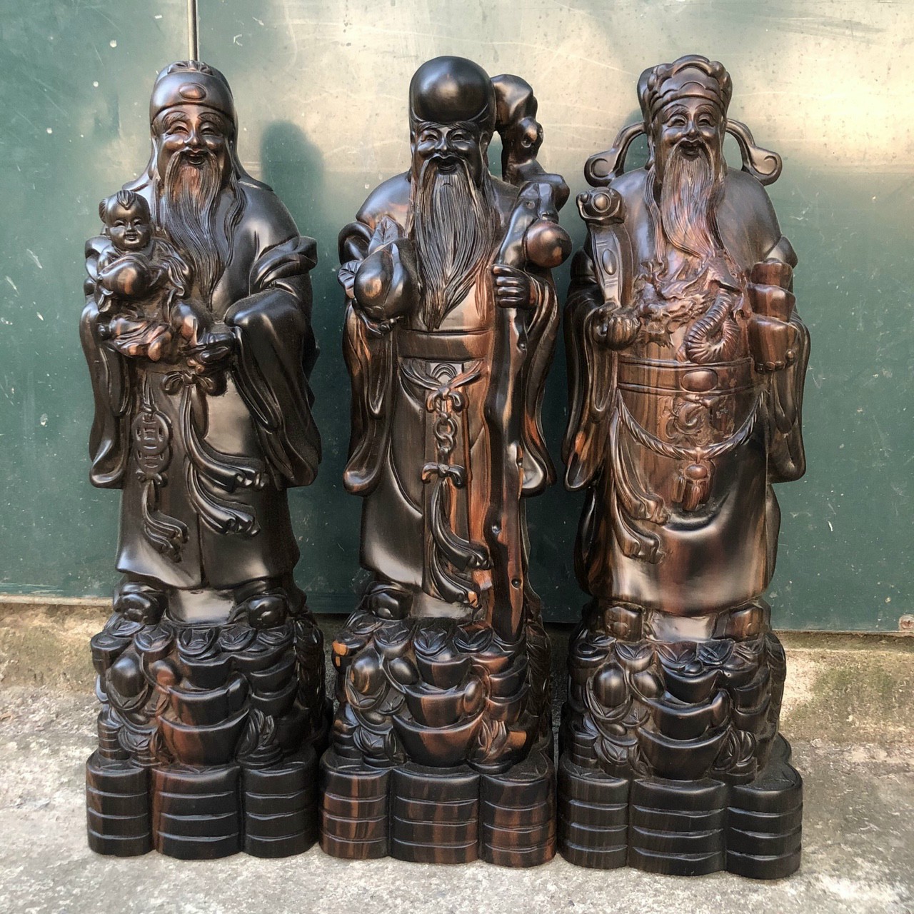 Bộ tượng phật tam đa phúc lộc thọ bằng gỗ mun hoa kt cao 50×15×13cm