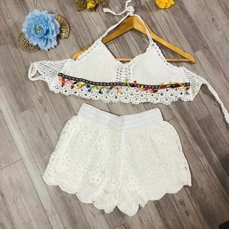 13-Set áo bra -quần sóc ren đi biển 2 món