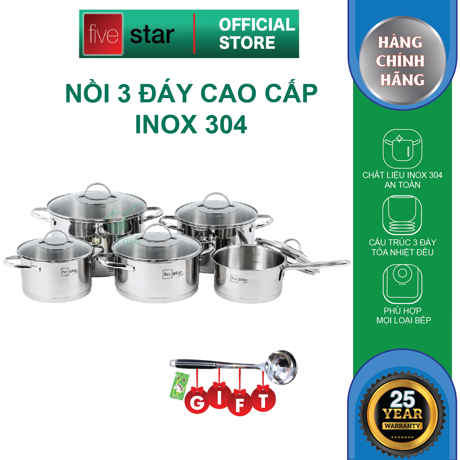 Bộ nồi inox 304 cao cấp FIVESTAR Plus quai oval kiểu Silit 5 món nắp kính